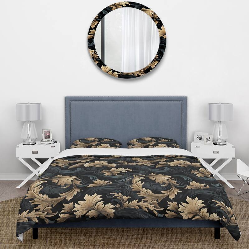 Designart "Black And Gold Damask Flower Blossoms III" Gold Damask